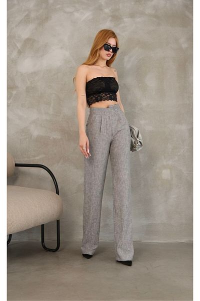 GALAVİP Women's New Year Gray Double Button Pleated Linen Fabric Palazzo Pants