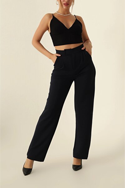 KaSheHa Siyah Cırt Cırtlı Bol Paca Palazzo Pantolon 102 Cm