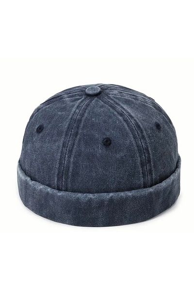 CosmoOutlet Solid Color Washed Distressed Fabric 100% Cotton Adjustable Hip Hop Navy Docker Hat from Back