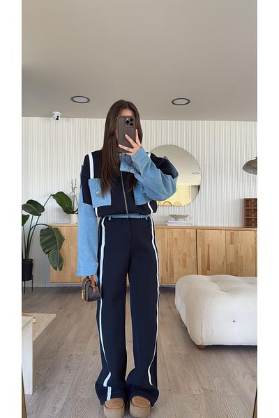 JaMolls Pinterest Equivalent Design Denim Jacket with Palazzo Pants and Head Blended Bomber Jacket