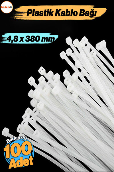 Badem10 100 Adet Cırt Kelepçe 4,8x380 mm Plastik Beyaz Renk Zip Kablo Bağı Ço...