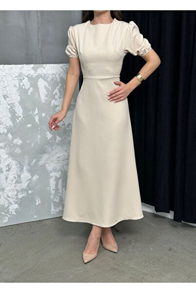 mafdress Kadın Krep Kumaş Bej Karpuz Kol Abiye Elbise
