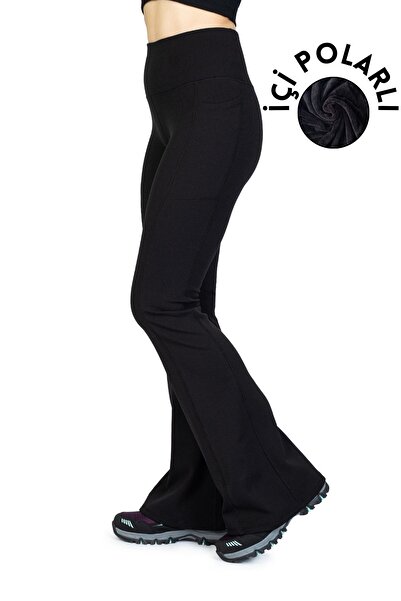 The Step Sports سروال شتوي أسود مضلع بخصر عالٍ وجيب من الصوف