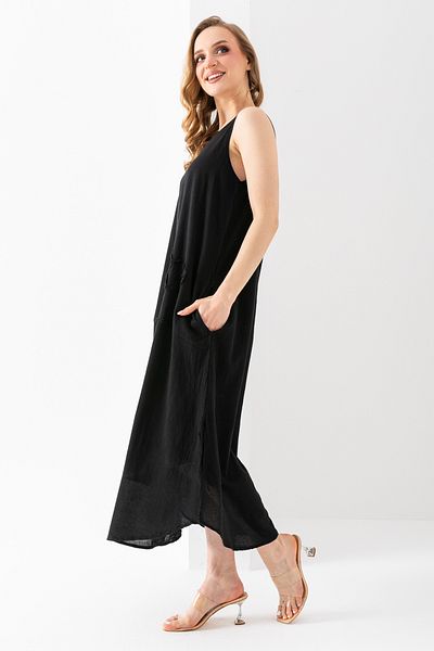EtkiModa Γυναικείο αυθεντικό αμάνικο φόρεμα από 100% οργανικό βαμβάκι μαύρο μαργαρίτα