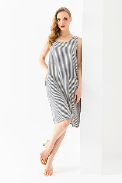 EtkiModa 100% Organic Cotton Women's White Smoked Striped Sleeveless Dress