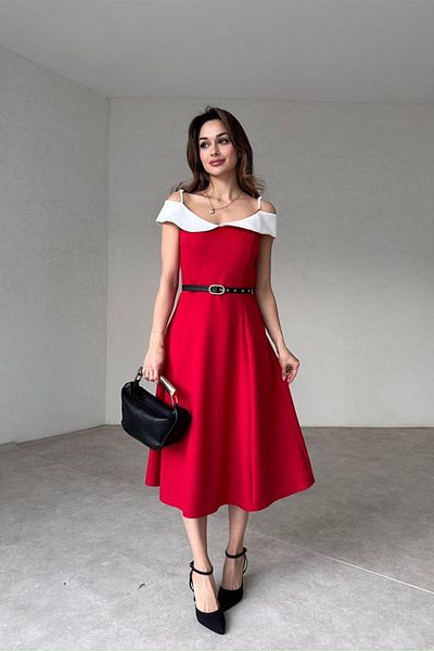 ALFUDO Moda Collection Double Color Midi Belted Dress