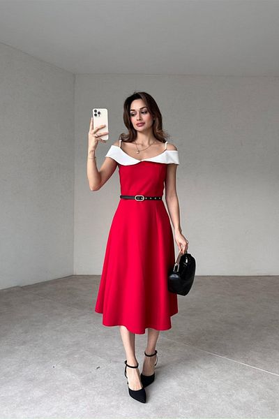 ALFUDO Moda Collection Double Color Midi Belted Dress