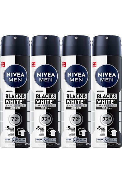 NIVEA بخاخ مضاد للتعرق للرجال من MEN Black And White Invisible Protection Original 150 مل × 4