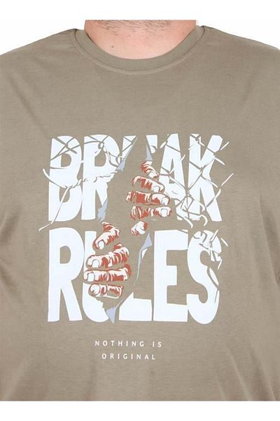Starbattal Men's Big Size Crew Neck T-Shirt Break Rules 25168 Khaki