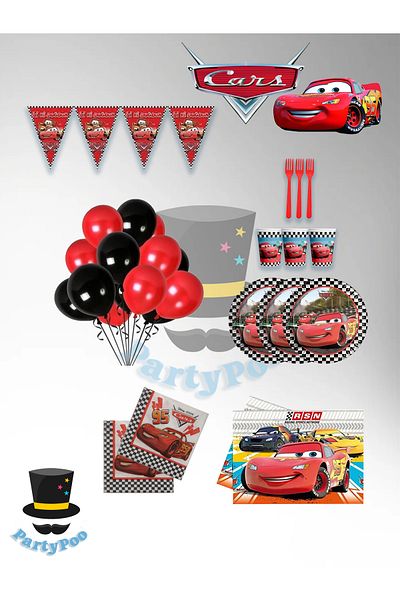 PartyPoo Cars Cars 8 Seater Eko2 Birthday Set |   Plate, Glass, Decoration and Party Supplies