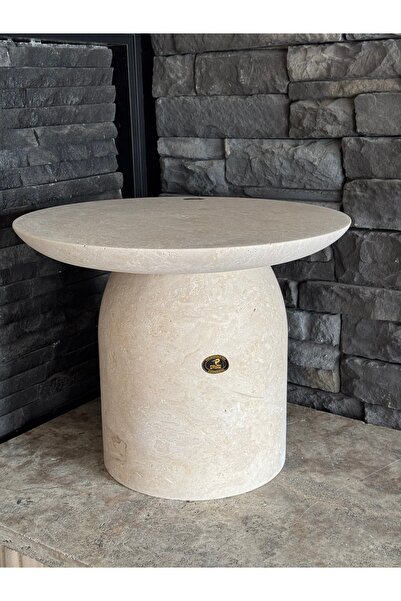 Polen Stone Traverten Doğal Taş Sehpa – 50 cm Çapında, 40 cm Yüksekliğinde