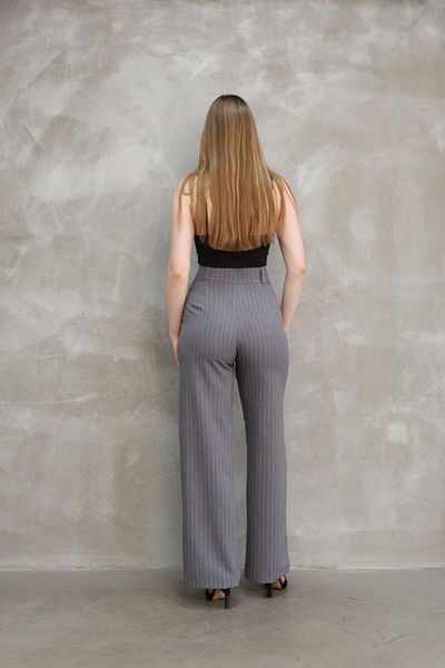 GALAVİP Women's New Year Dark Gray Double Button Striped Pleated Linen Cotton Fabric Palazzo Trousers