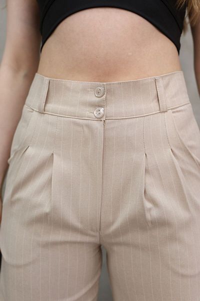 GALAVİP Women's New Year Cream Double Button Striped Pleated Woolen Cotton Fabric Palazzo Trousers