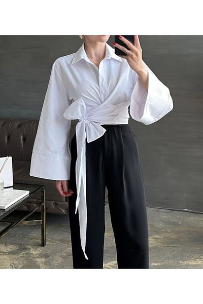 AB LOOKS Cămașă crop din popelin pentru femei, cu talie, cu curea, design nou sezon