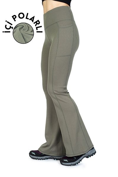The Step Sports Jambiere de iarnă din lână cu talie înaltă, verde, cu nervuri