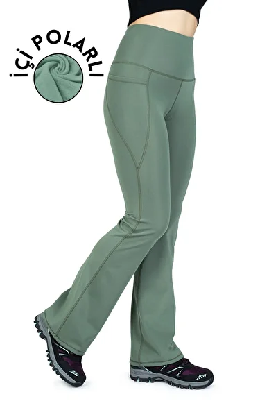 The Step Sports Green High Waist Thermal Leggings - Flare Leg, Fleece Pocket