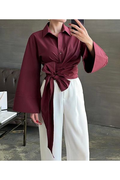 AB LOOKS Cămașă crop din popelin pentru femei, cu talie, cu curea, design nou sezon