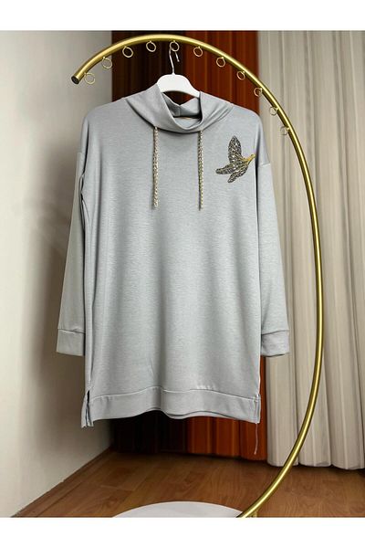 SMY Comfy Fabric Bird Embroidered Neck Sweatshirt Tunic