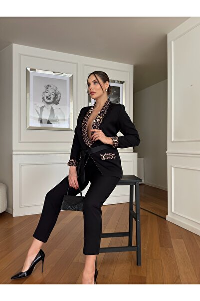 1Moda1Tarz Women's Imported Fabric Leopard Pattern Collar Brooch Detail Belted Lined Special Design Bottom-Top Set