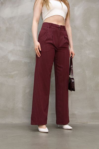 GALAVİP Women's New Year Burgundy Double Button Striped Pleated Yellow Ochre Cotton Fabric Palazzo Trousers