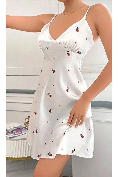 Genel Markalar Nightlight 7050 Beyaz Saten Güllü Gecelik Takım