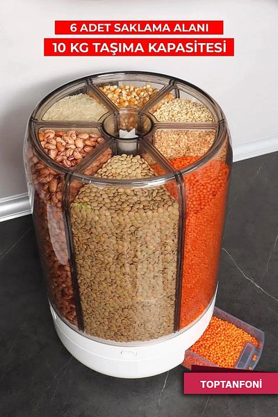 TOPTANFONİ 10 kg Capacity Food and Pulses - 6 Compartments, 360 Degree Rotatable Organizer