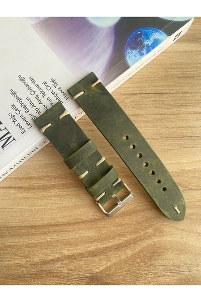 Prizma El Dikişi Yeşil Crayz Deri Saat Kordonu. 20-22-24 ve 26mm Uyumlu Genişlik Seçenekleri.