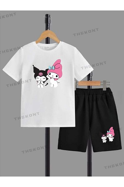 THEKONT Pink Hat Kuromi Printed Summer Shorts-Tshirt Children's Set