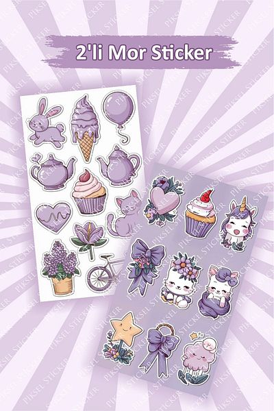 Piksel Grafik Purple Cute 2-Piece Sticker Set 10X15 cm - Laptop, Notebook, Planner, Agenda Sticker