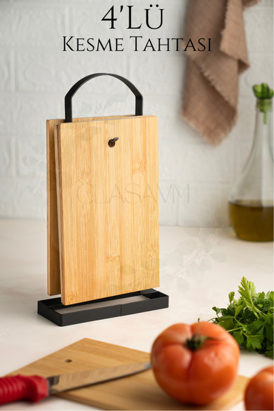 clasavm 4'lü Metal Standlı Bambu Kesme Tahtası - Dikdörtgen 30x16 Doğrama ve ...