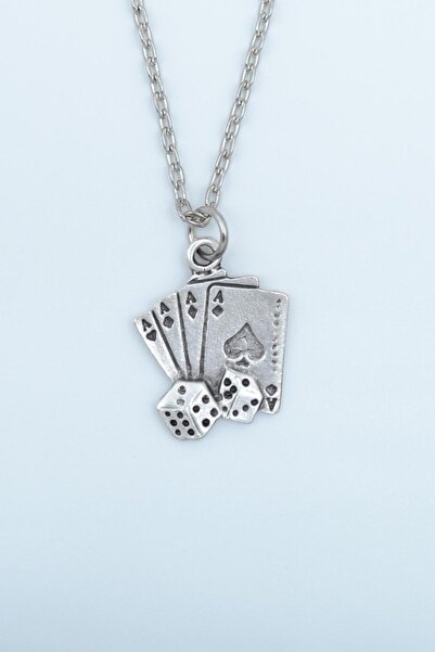 Bu Farklı Maça As Poker İskambil - Zar Gümüş Kaplama Düz Zincir Kolye