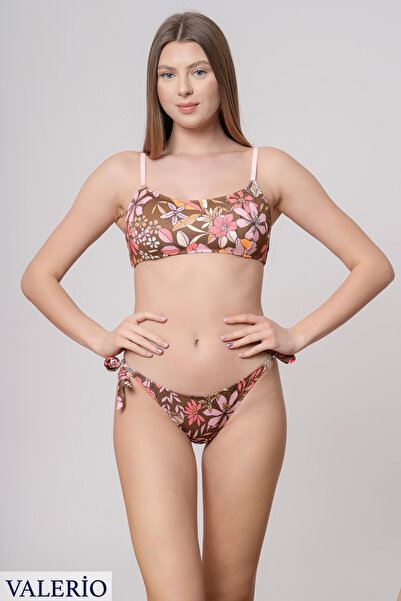valerio Floral Patterned Strapless Strap Bikini Set with Thick Rope Tie at th...