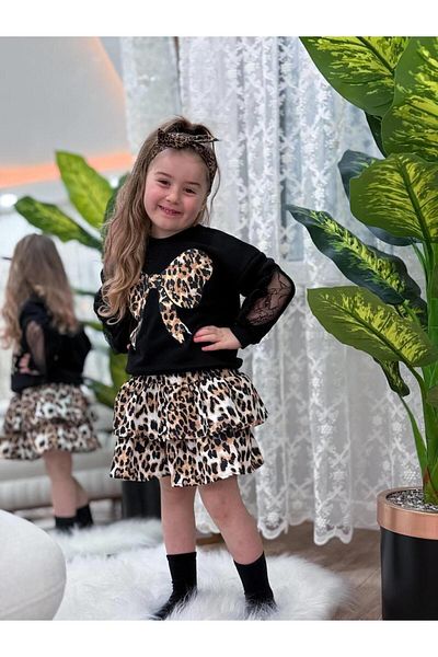 Magu Girl's Leopard Patterned Ruffled Skirt Double Set