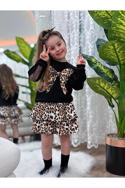 Magu Girl's Leopard Patterned Ruffled Skirt Double Set