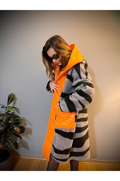 SEE MORE Quilted Orange Gray Plush Coat