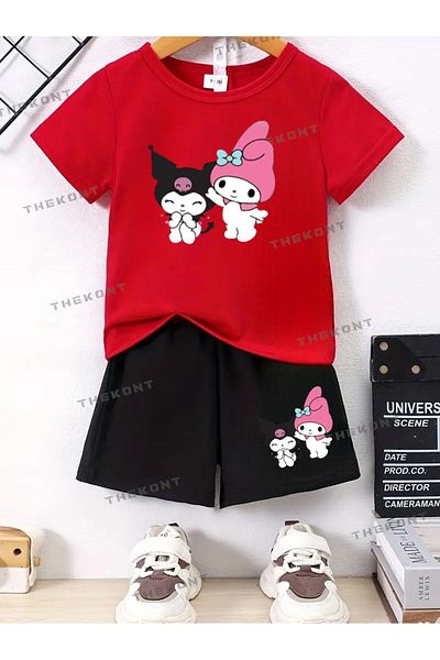 THEKONT Pink Hat Kuromi Printed Summer Shorts-Tshirt Children's Set