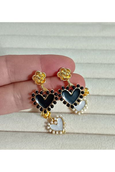 mos&more Gold Black Enameled Heart Dangle Small Women's Earrings