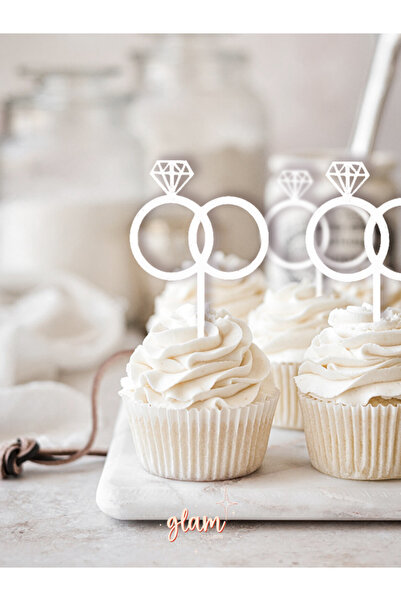 GLAM DEKORASYON Beyaz Yüzükler 6'lı Modern Tarz Söz Nişan Cupcake Kek ve Tatl...