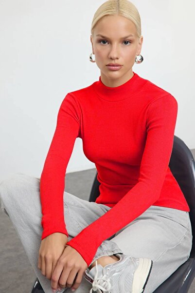BURUTEKIN Fitted/Close-Fitting Stand-Up Collar Long Sleeve Ribbed Stretchy Kn...