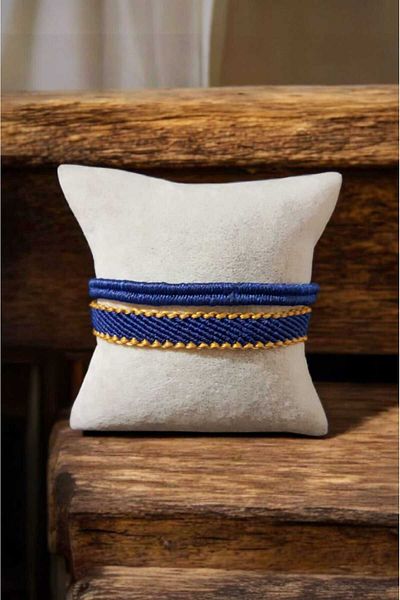 Atölye Olcay Eser Macrame Knitted Blue Mustard Handmade Design Unisex Double Set Bracelet