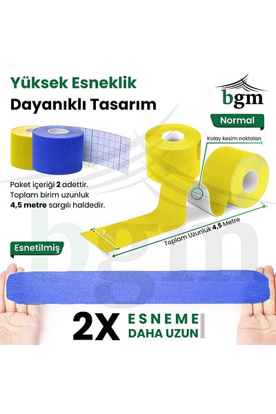 bgm شريط آلام باللون الأصفر والأزرق الداكن - شريط كينيسيولوجي بطول 4.5 متر × 5 سم