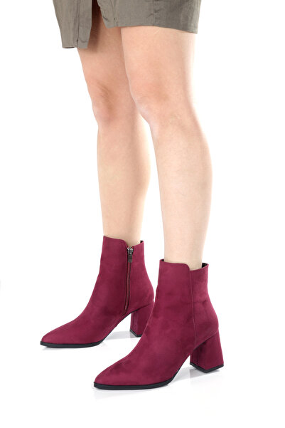 ÜNAL ÖZER Ünal Özer Kadın Bordo Süet Sivri Burun Kalın Topuklu Bot UN001-0130