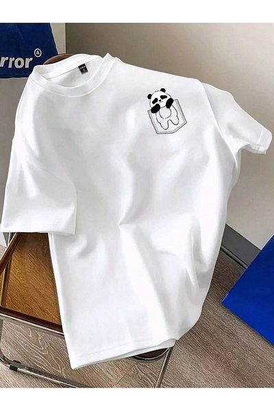 PALPİTO Men's White Cute Pocket Panda Printed Oversize T-Shirt