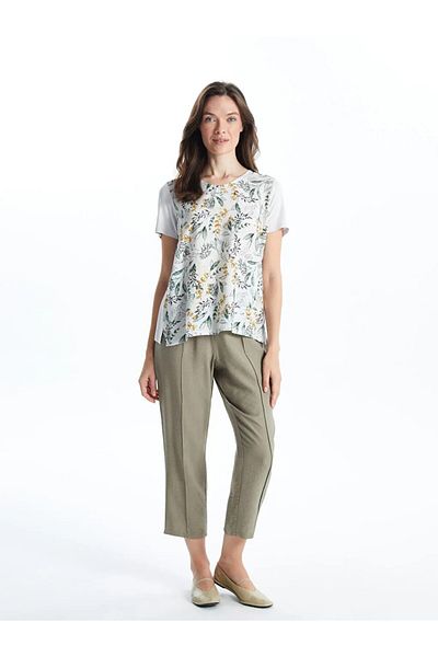 LC Waikiki Ecru V λαιμόκοψη Floral κοντομάνικο γυναικείο μπλουζάκιS56012Z8