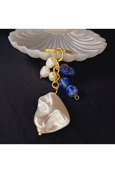 arzela Natural Stone Keychain Baroque Pearl & Lapis Lazuli Abundance & Prosperity Energy