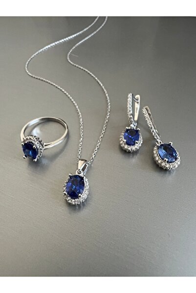 Zeta Jewel Yüzük Küpe Kolye Seti Tanzanit Taşlı Gümüş Takım
