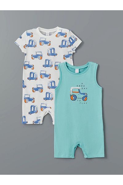 LC Waikiki Lcw Baby Turquoise Crew Neck Baby Boy Combed Cotton Romper 2Pcs