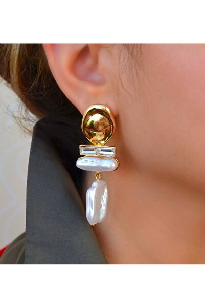 trioco Vintage tasarım barok incili sallantılı gold detay küpe