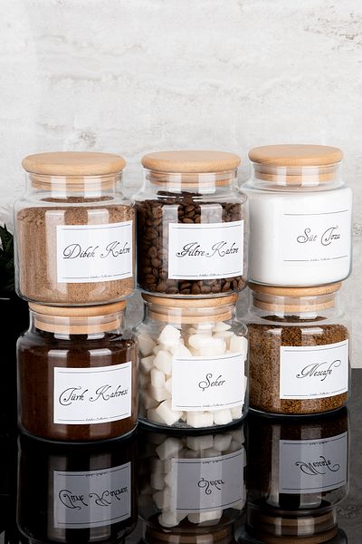 Dolkin Home Set of 6 500ml Wooden Vacuum Lid Labeled Tea Coffee Corner Set Glass Jar Set