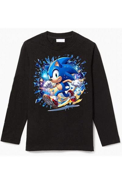 Efendioğlu Design Children's Long Sleeve Running Sonic Printed Cotton T-Shirt